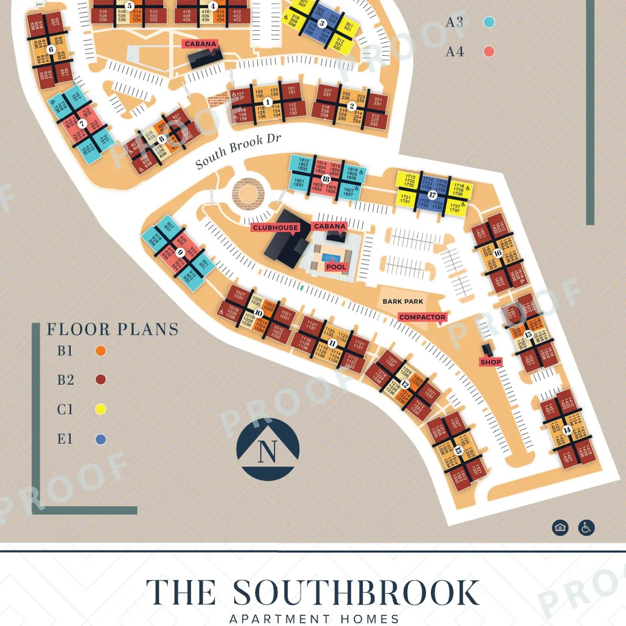 The Southbrook Apartment Homes Floor Plans A detailed floor plan diagram of The Southbrook Apartment Homes, showing various building layouts and location markers.