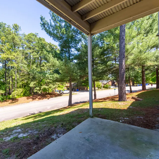 View of a tree-lined area from a covered porch, showing a street in the distance.