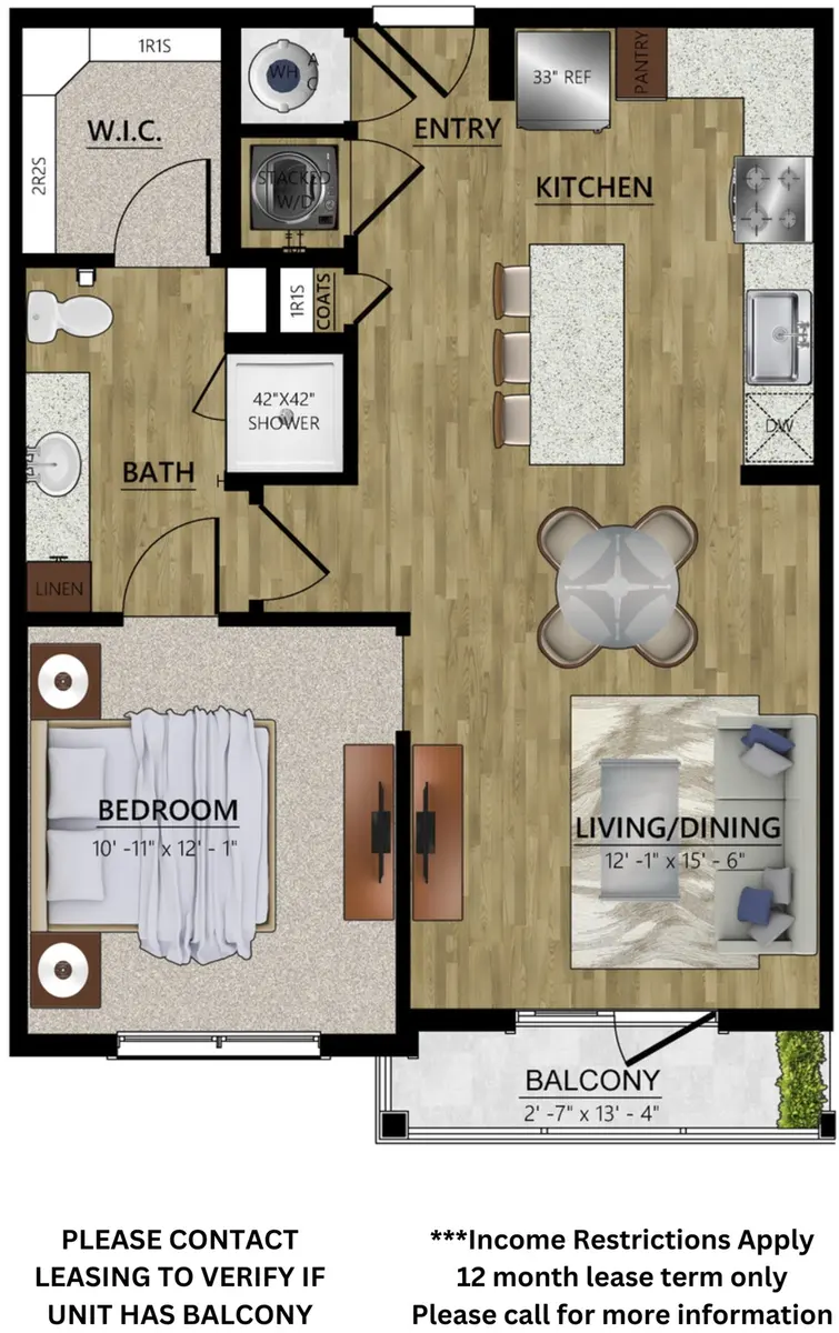 An illustrated floor plan of a one-bedroom apartment featuring an entryway, kitchen, bathroom, bedroom, living/dining area, and a balcony. Measurements and details are included.