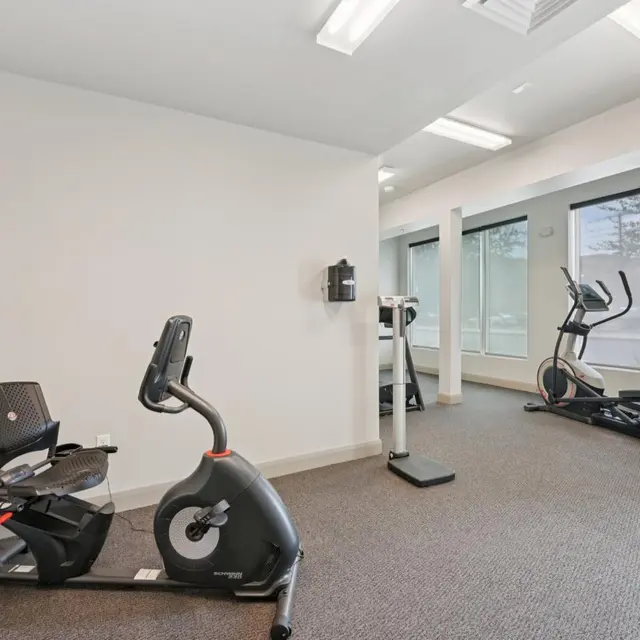 Modern Gym Interior A modern gym interior featuring an elliptical machine and a stationary bike. The room is well-lit with large windows and has a clean, minimalist design.