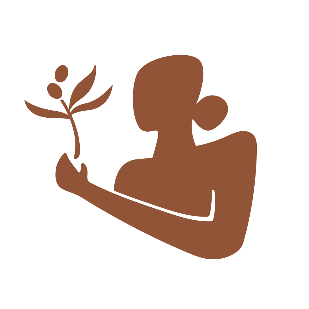 Woman Silhouette with Flower Simple silhouette of a woman holding a flower branch with leaves, in a reddish-orange color.