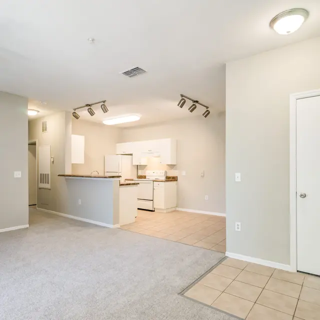 Interior of a modern apartment featuring a spacious living area with carpet, a kitchen area with white cabinetry, and tile flooring.