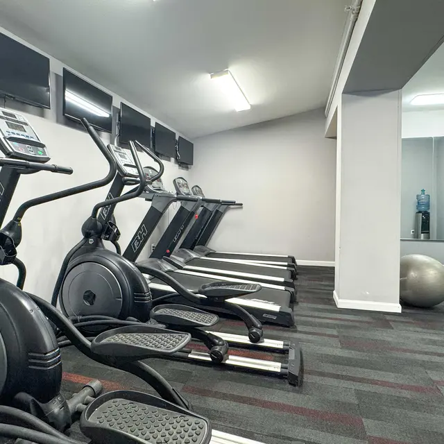 A modern gym interior featuring several elliptical machines lined up against a wall with multiple television screens above. There are also treadmills and a large exercise ball in the corner. The flooring is carpeted with a red and gray pattern.