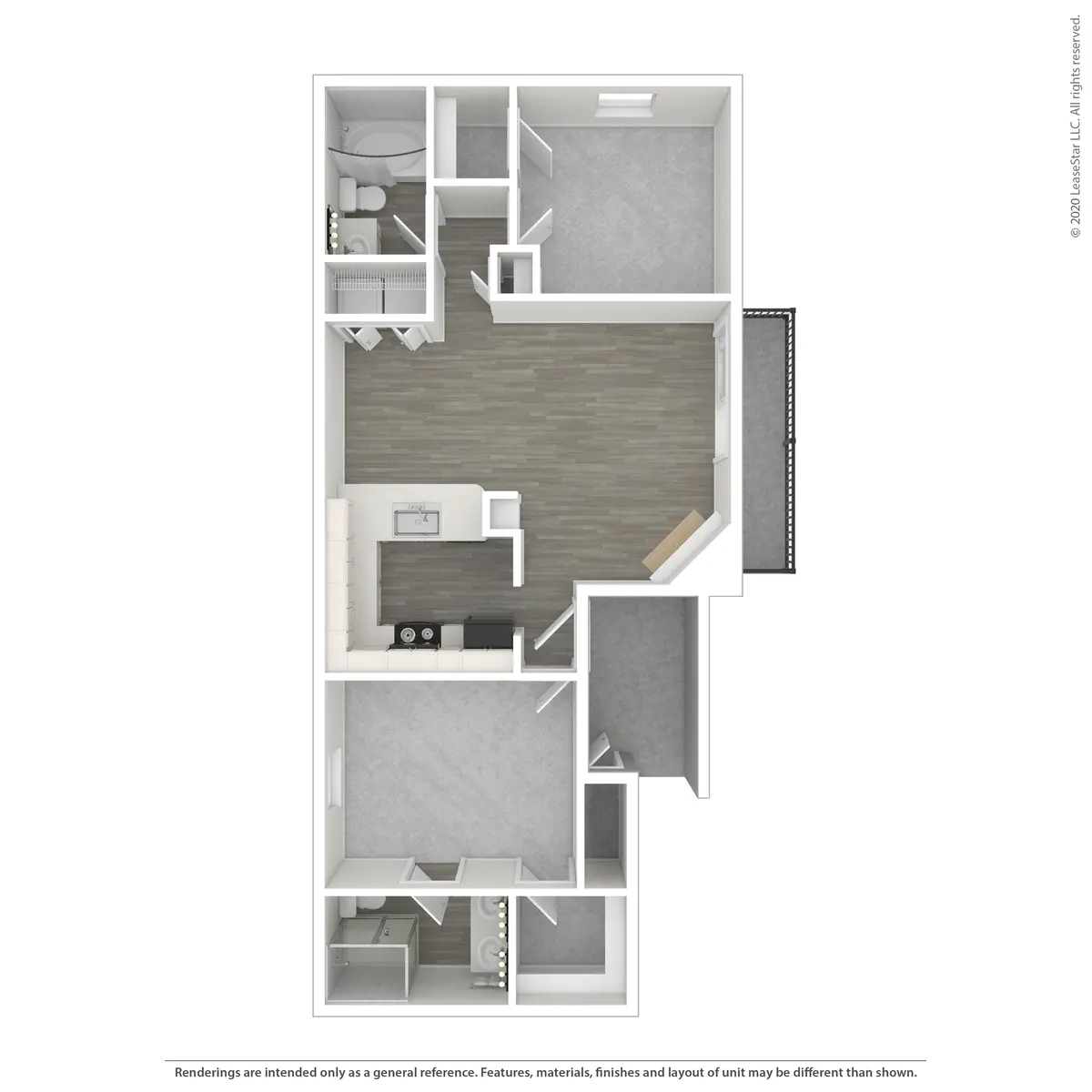 A top-down view of a one-bedroom apartment layout featuring a kitchen, living area, bedroom, bathroom, and balcony.