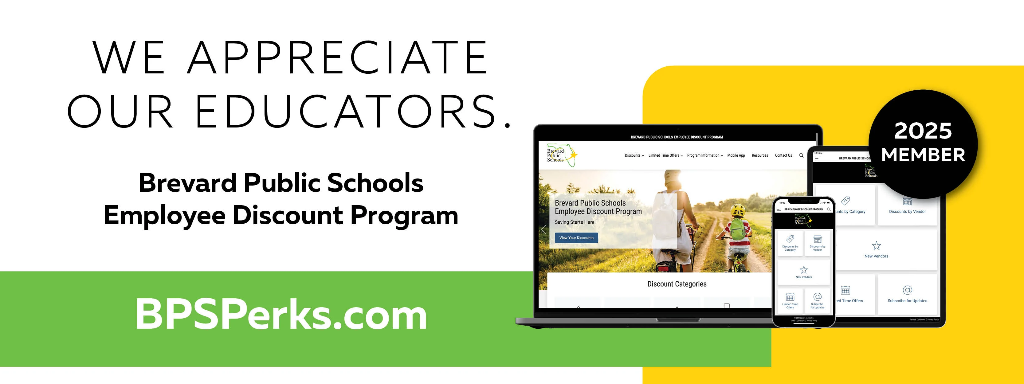 Promotional graphic for Brevard Public Schools employee discount program featuring a laptop and mobile device displays.