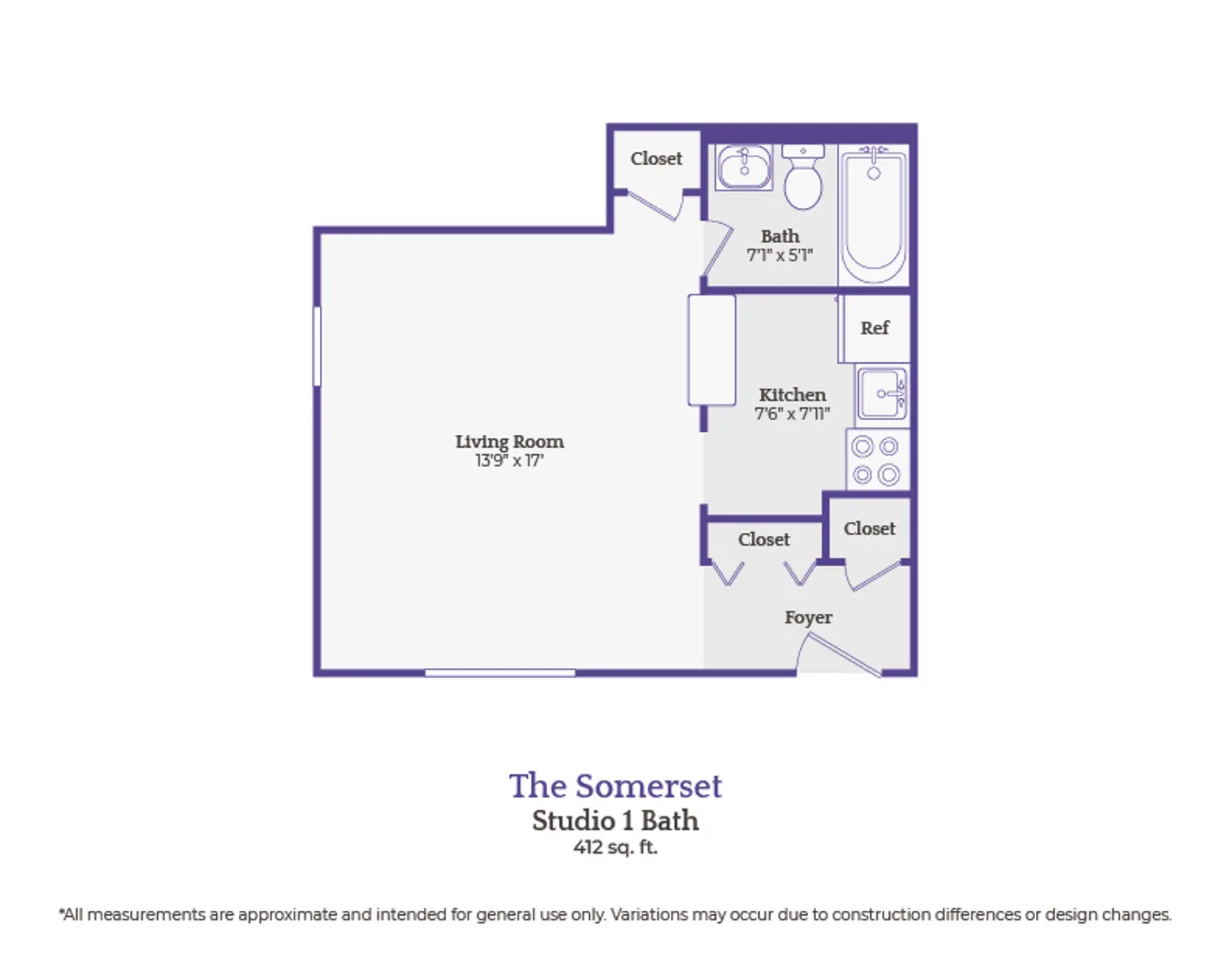 Floor plan of a studio apartment named The Somerset, featuring a living room, kitchen, bath, and closets.