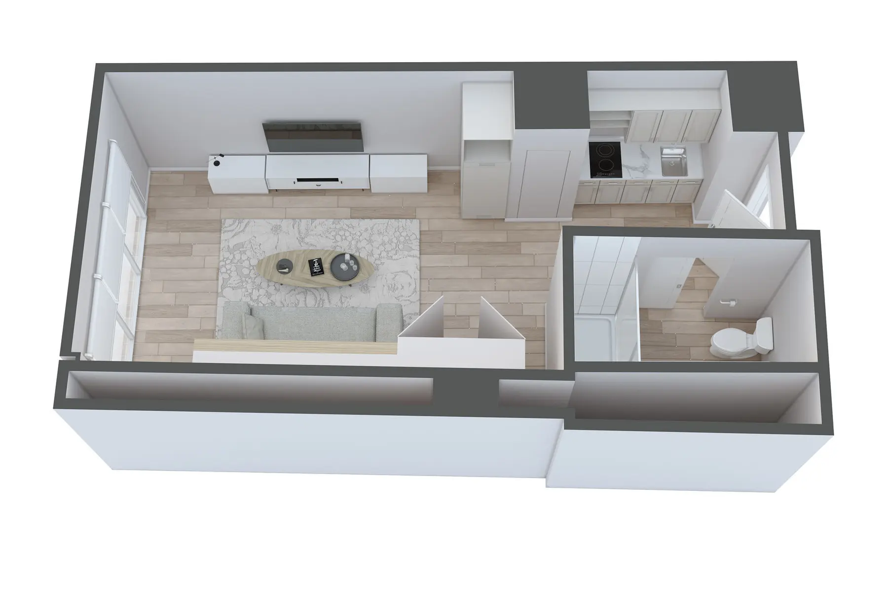 Modern Apartment Layout Design 3D layout of a modern one-bedroom apartment featuring a living room with a couch and TV, a kitchen area, and a separate bathroom.