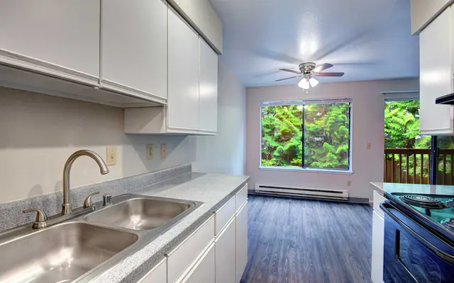 A bright, modern kitchen featuring white cabinets, a double sink, and an electric stove. A large window allows natural light and shows greenery outside. The floor is dark wood, and the room is spacious with a ceiling fan.