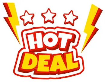 A vibrant graphic featuring the words 'HOT DEAL' in bold letters, surrounded by lightning bolts and three stars at the top.
