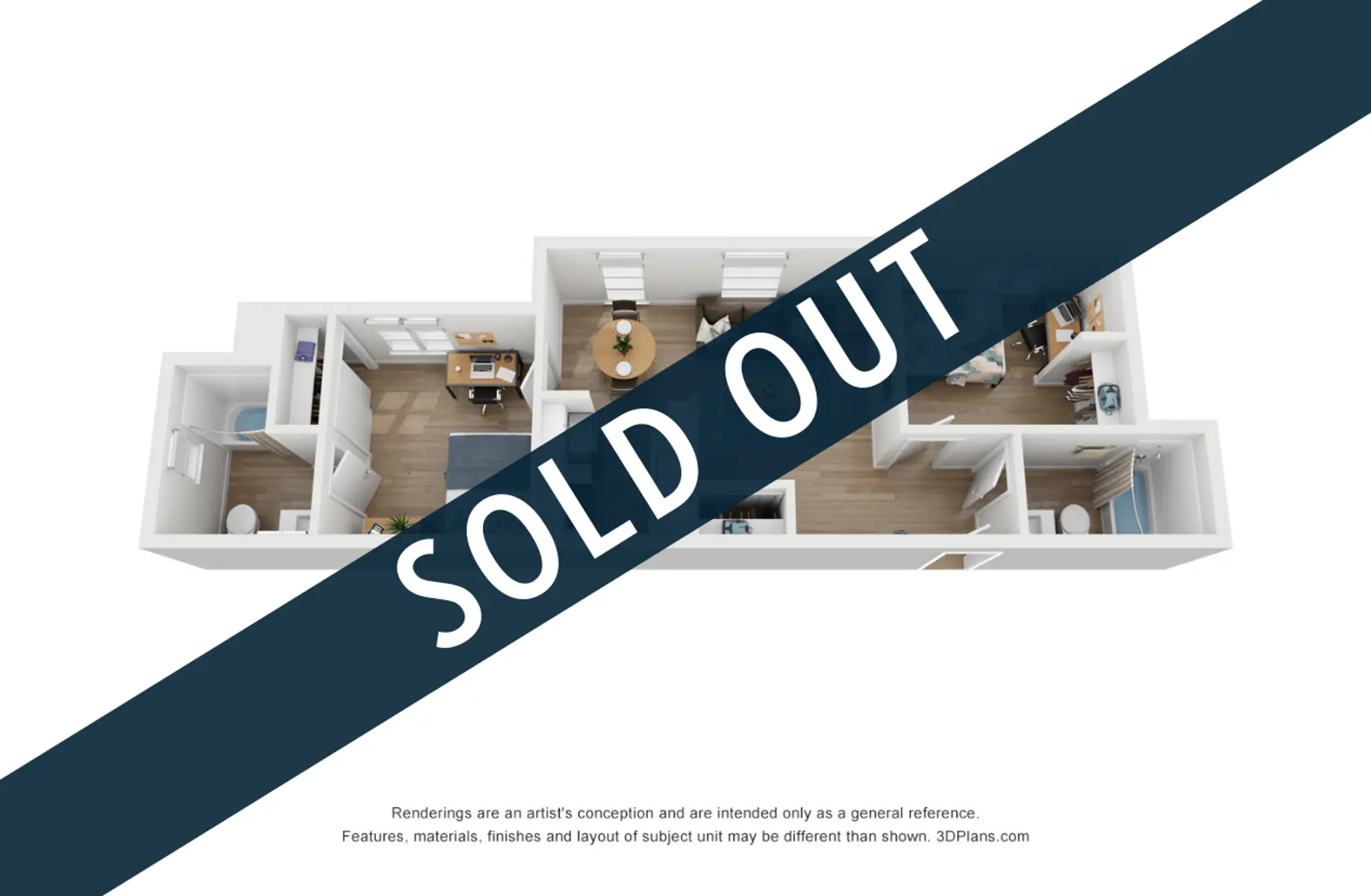 3D floor plan layout with 'SOLD OUT' text overlay