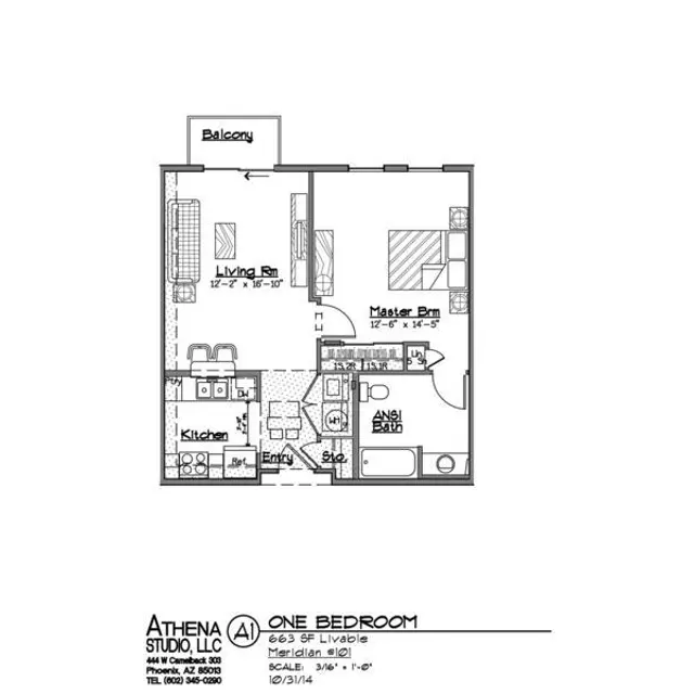 A floor plan of a one-bedroom apartment featuring a living room, kitchen, master bedroom, and a balcony.