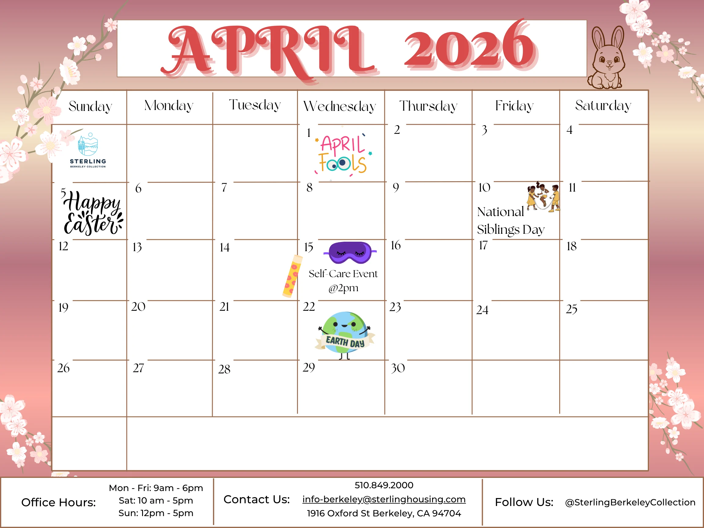 A calendar for April 2026 featuring events like Easter, April Fools' Day, and National Siblings Day, decorated with floral designs.