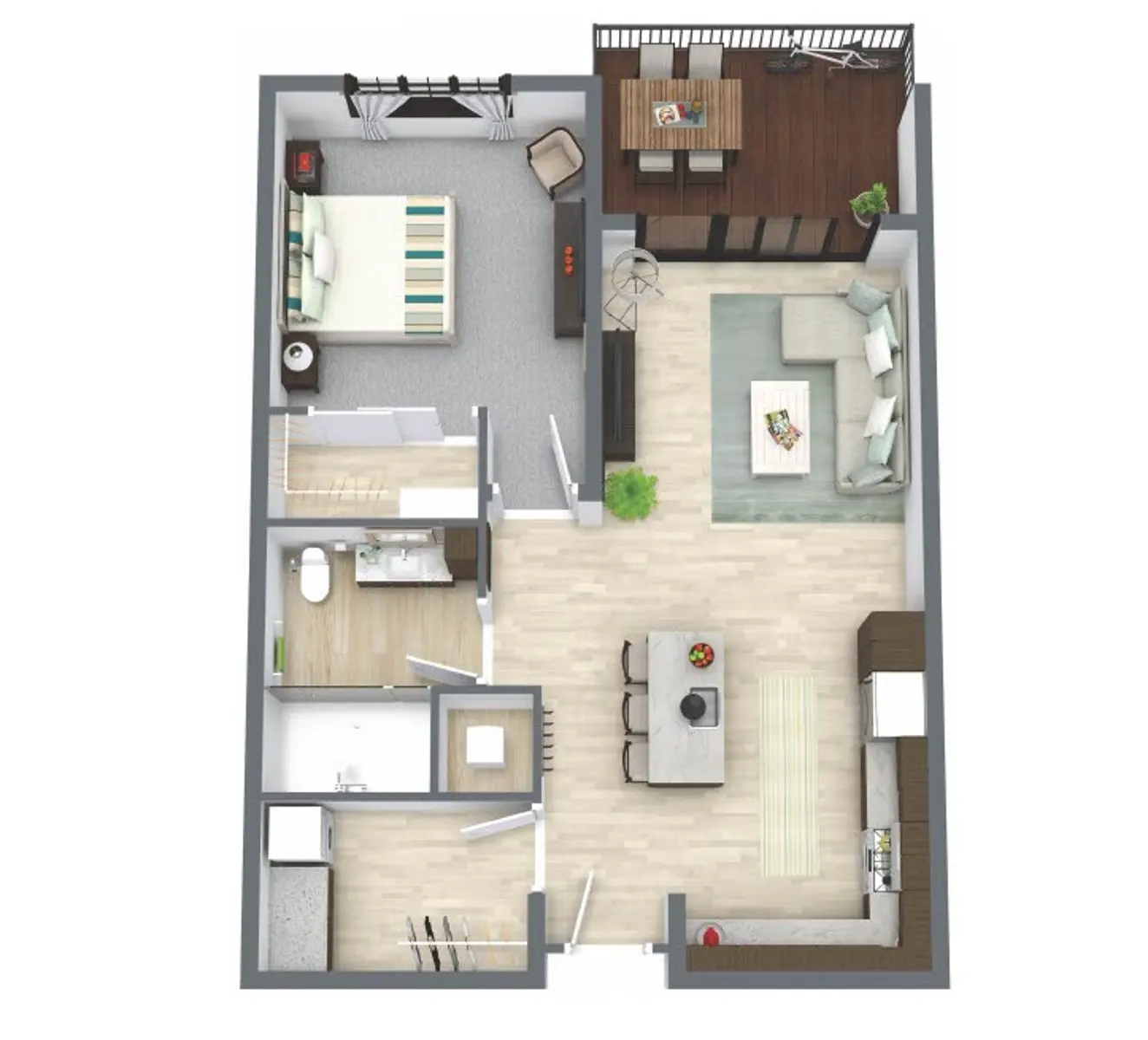 A detailed floor plan of an apartment showing a living area, kitchen, bedroom, bathroom, and balcony.