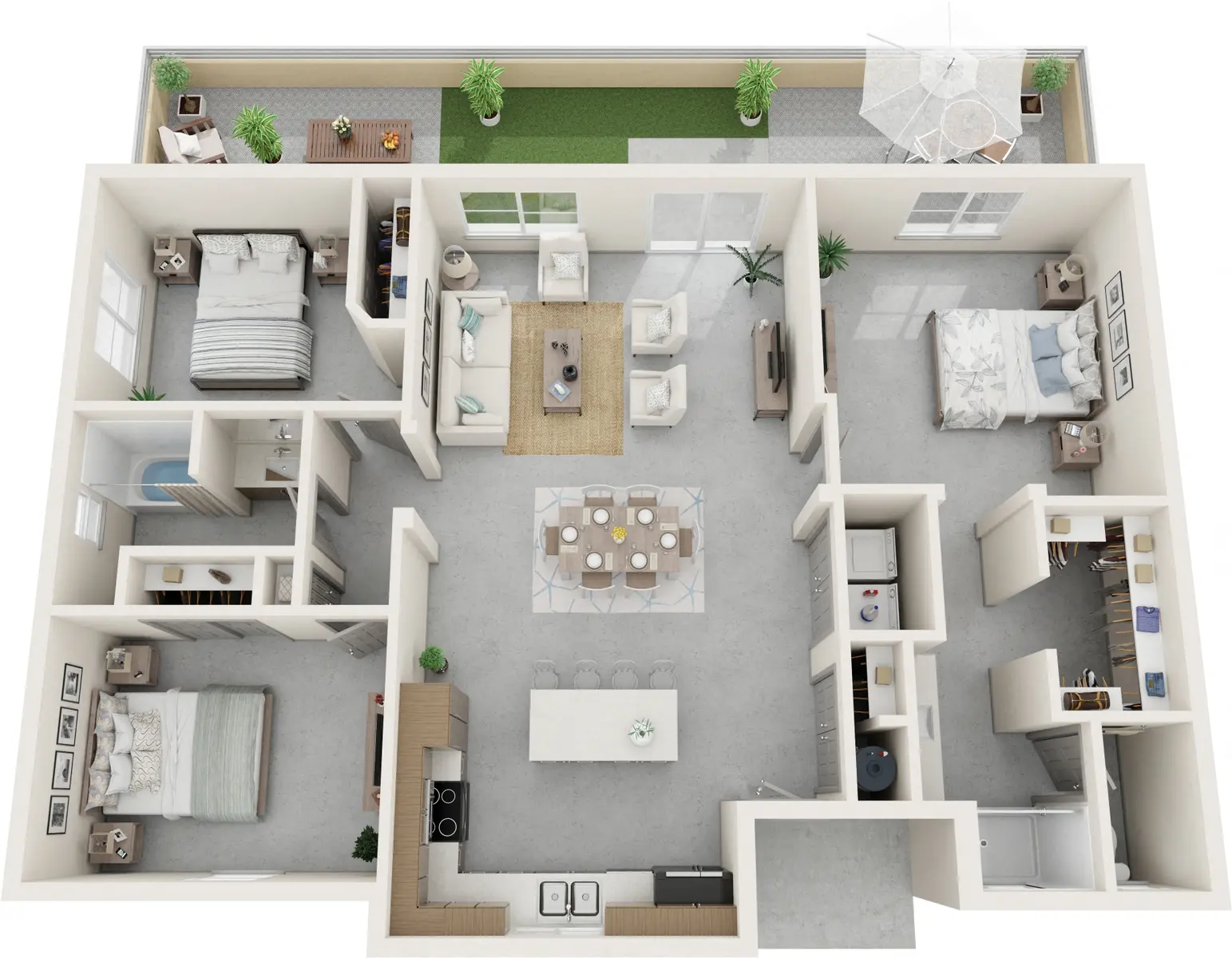 A top-down view of a modern apartment layout featuring multiple rooms, furniture arrangements, and outdoor space.
