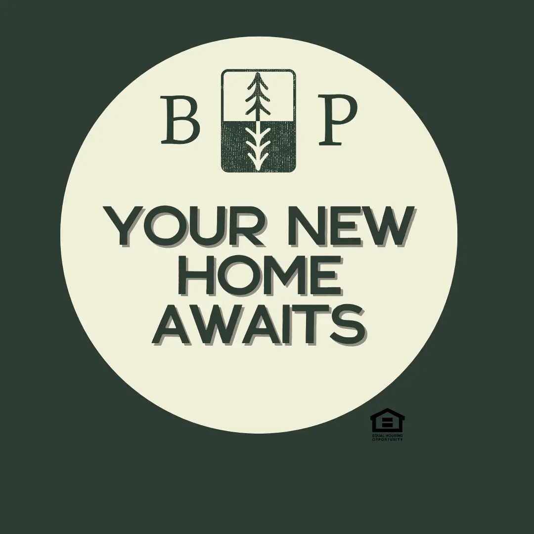 A circular logo featuring the letters 'B P' and a tree graphic, with the text 'YOUR NEW HOME AWAITS' prominently displayed.