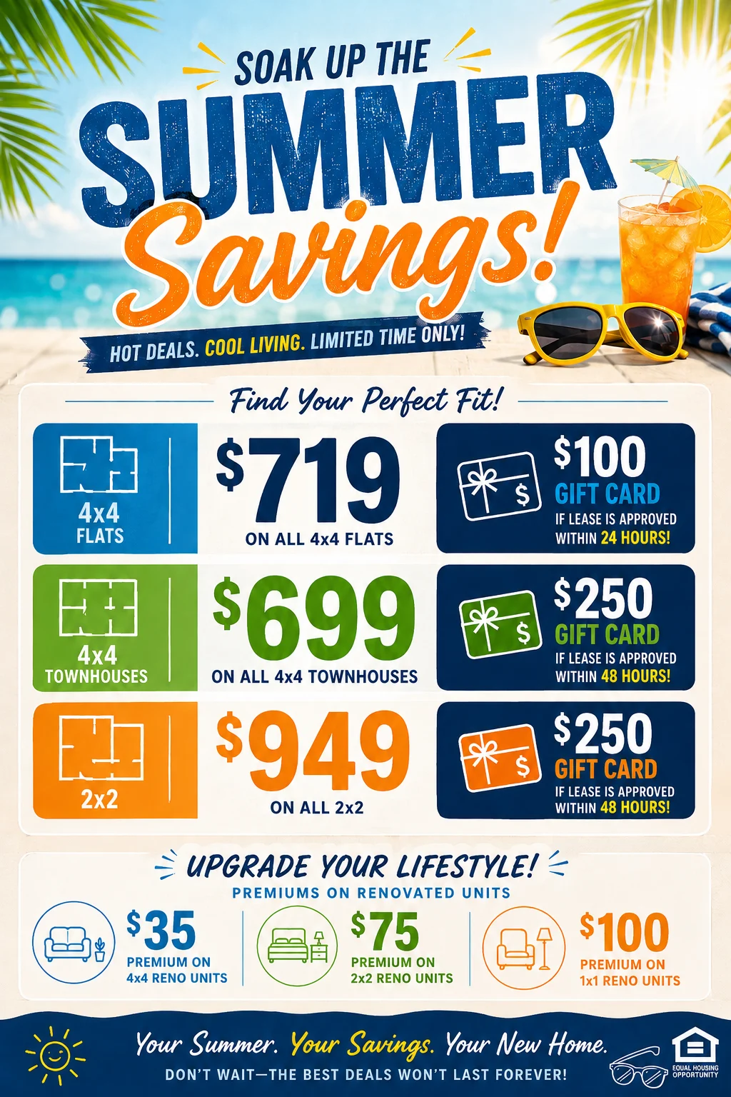 Promotional flyer for summer savings on rental units featuring pricing and gift card offers.