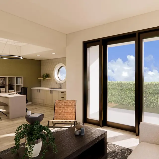 Modern Living Room Interior A modern living room featuring a large window with scenic views, a comfortable sofa, and stylish furniture. There’s a plant on the coffee table and a circular pendant light above.