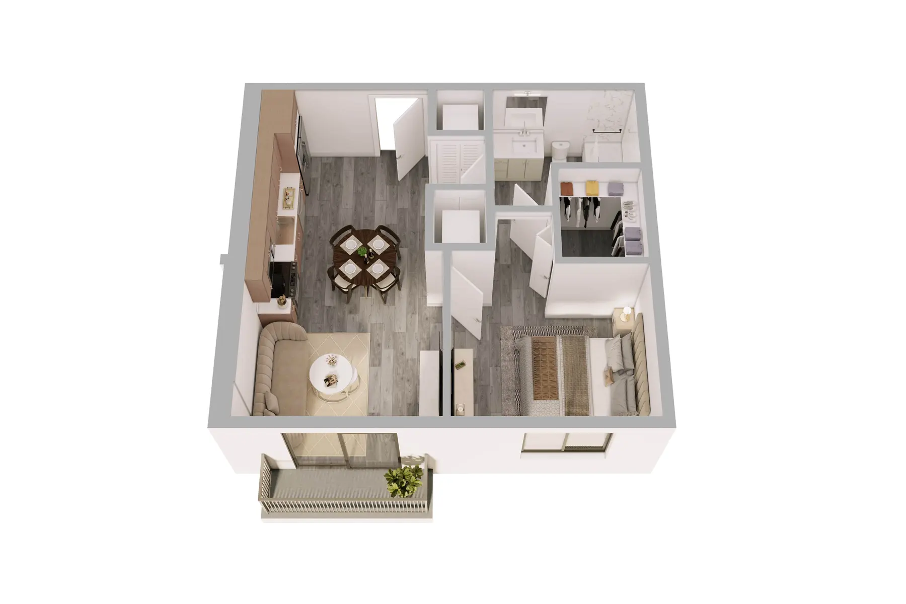 3D Apartment Layout A 3D rendering of a small apartment layout, showing a living area with a sofa and table, a kitchen area, one bedroom with wardrobe, and several small rooms presumably for utilities or additional bedrooms.