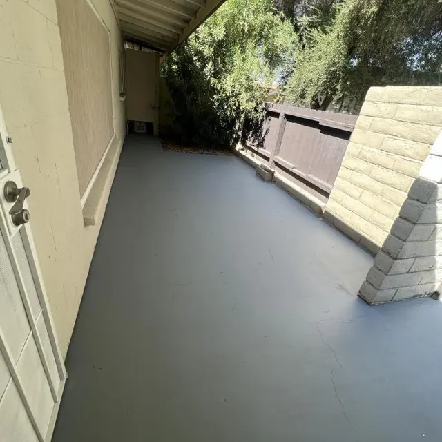 Patio Area with Greenery A view of a patio area with a gray floor, partly shaded by trees. The back wall is made of light-colored bricks. A door can be seen on the left side.