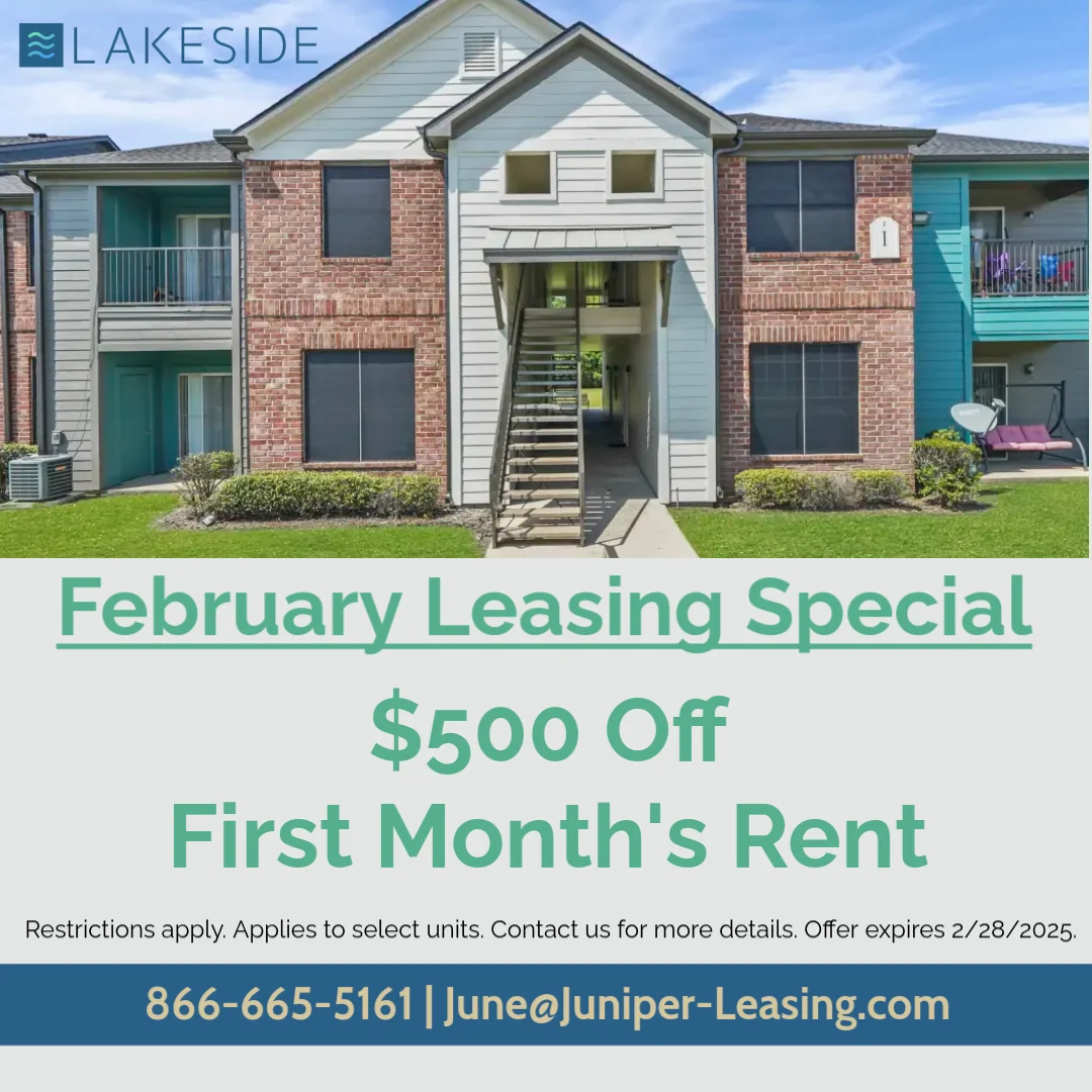 A promotional flyer for Lakeside apartments featuring a photo of the apartment building. Text highlights a leasing special of $500 off the first month's rent, valid through February 28, 2025. Includes contact information and a note about restrictions applying.