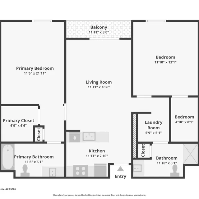 Phoenix Apartment Floor Plan A floor plan for an apartment in Phoenix, Arizona. The layout includes a primary bedroom with an attached bathroom and closet, a living room, two additional bedrooms, a kitchen, a laundry room, and a balcony. Measurements for each room are indicated.