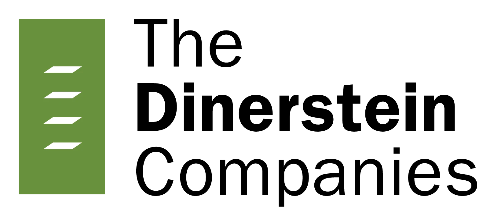Logo of The Dinerstein Companies featuring a stylized green rectangle and text in black and green.