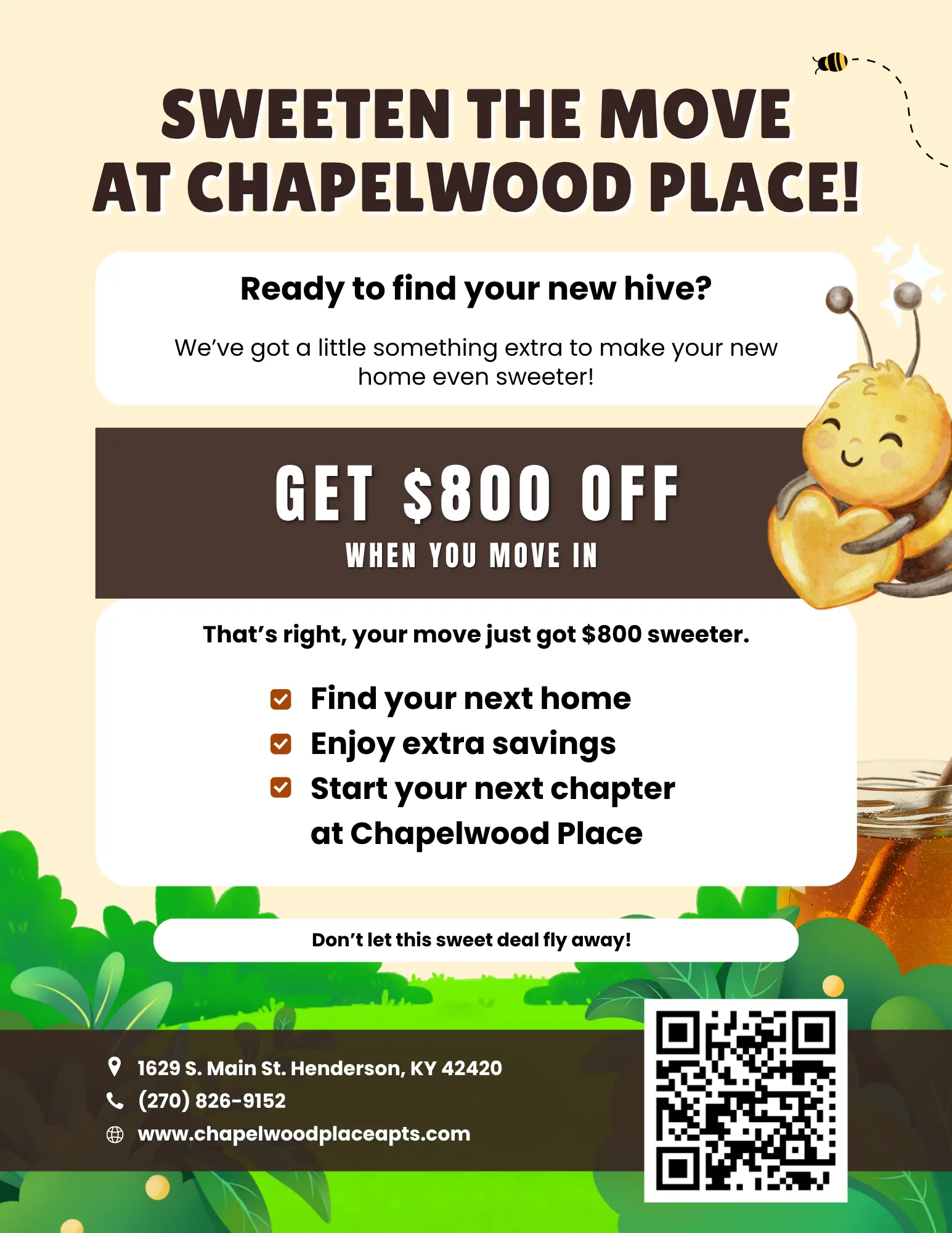 Promotional flyer for Chapelwood Place offering $800 off moving in.
