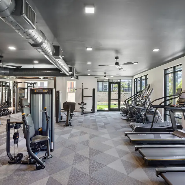 A spacious modern gym featuring various exercise equipment, including treadmills, ellipticals, and weight machines, with large windows allowing natural light in.