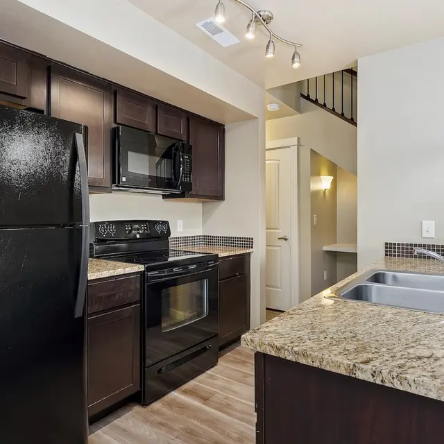 Bowery Point Modern kitchen featuring dark cabinetry, black appliances including a refrigerator and stove, granite countertops, and a two-basin sink.
