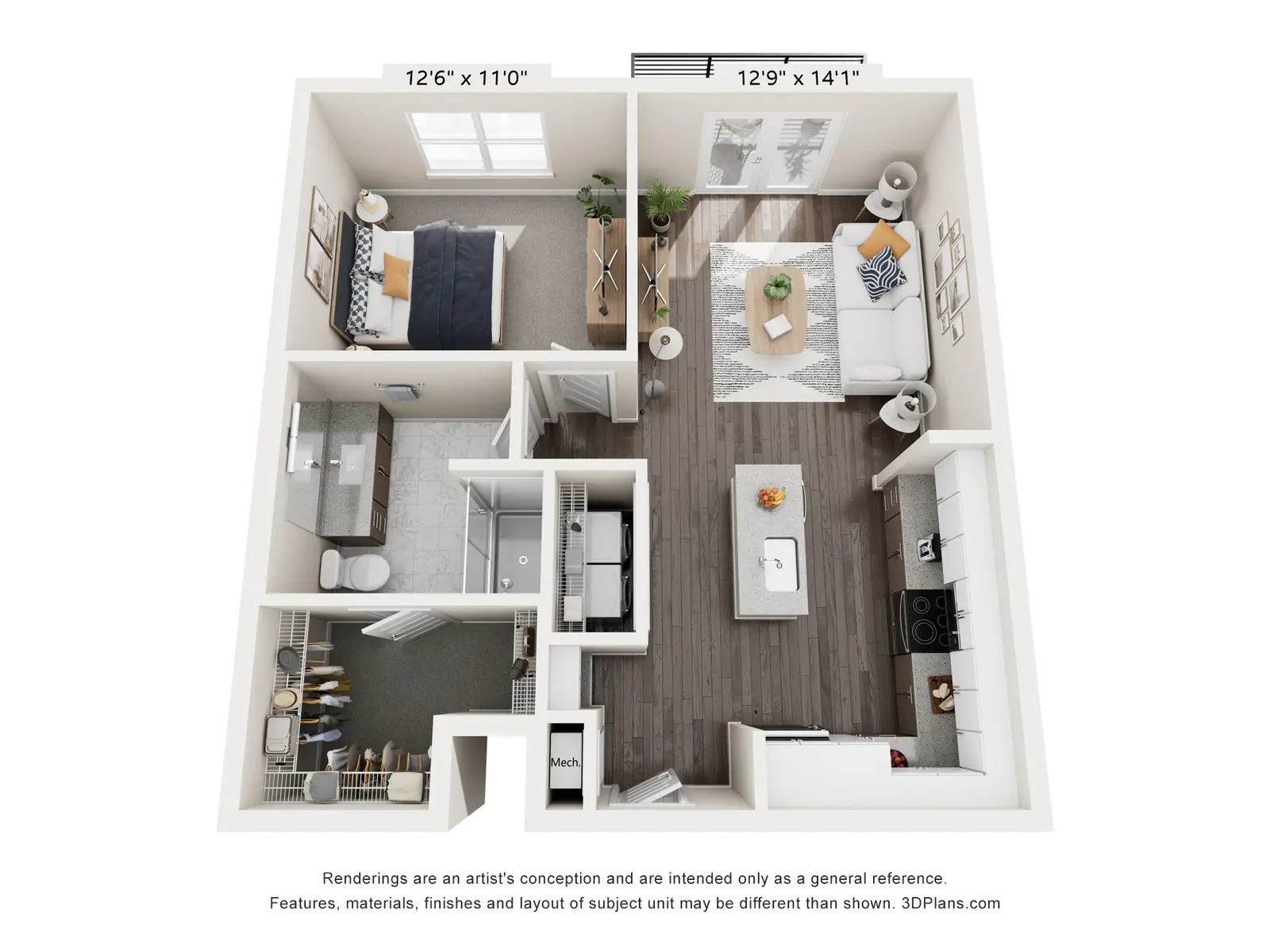 An overview of a spacious apartment floor plan with two bedrooms, a living room, a kitchen, and a bathroom.
