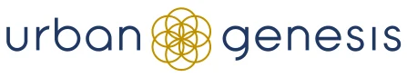 Logo of Urban Genesis featuring the text in blue and a golden floral-like design.