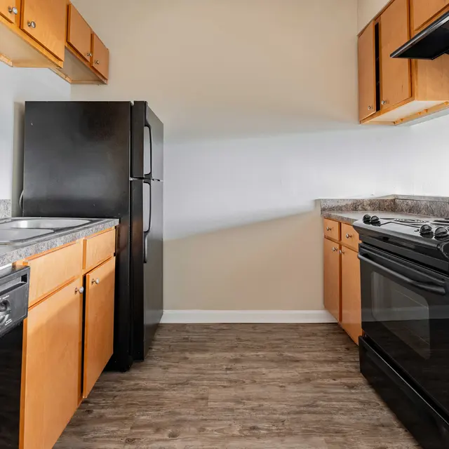 A modern kitchen with wooden cabinets, a black refrigerator, and a black stove on a wooden floor.