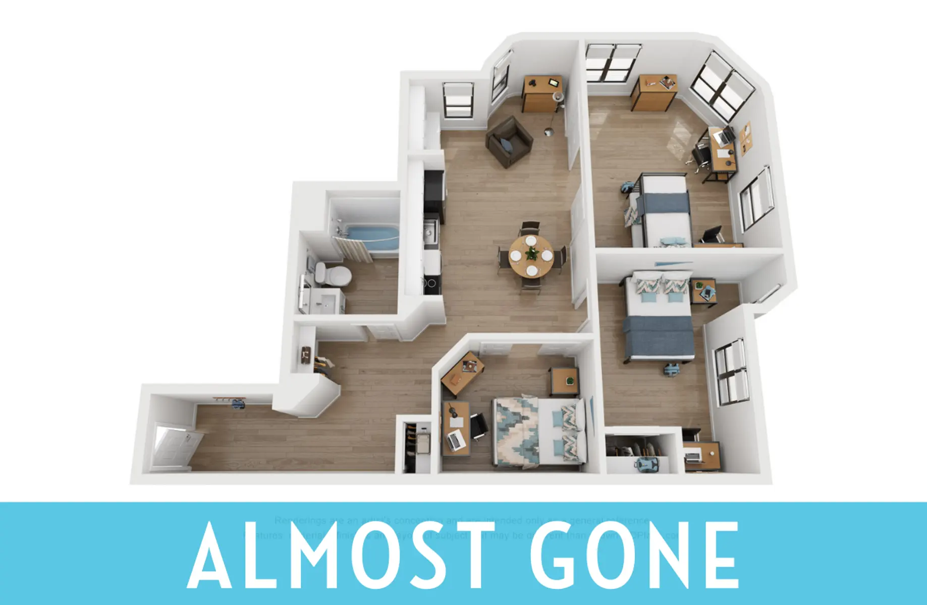 A 3D floor plan of a modern apartment featuring two bedrooms, a living area, a kitchen, and a bathroom. The layout is spacious with furniture placements and large windows.