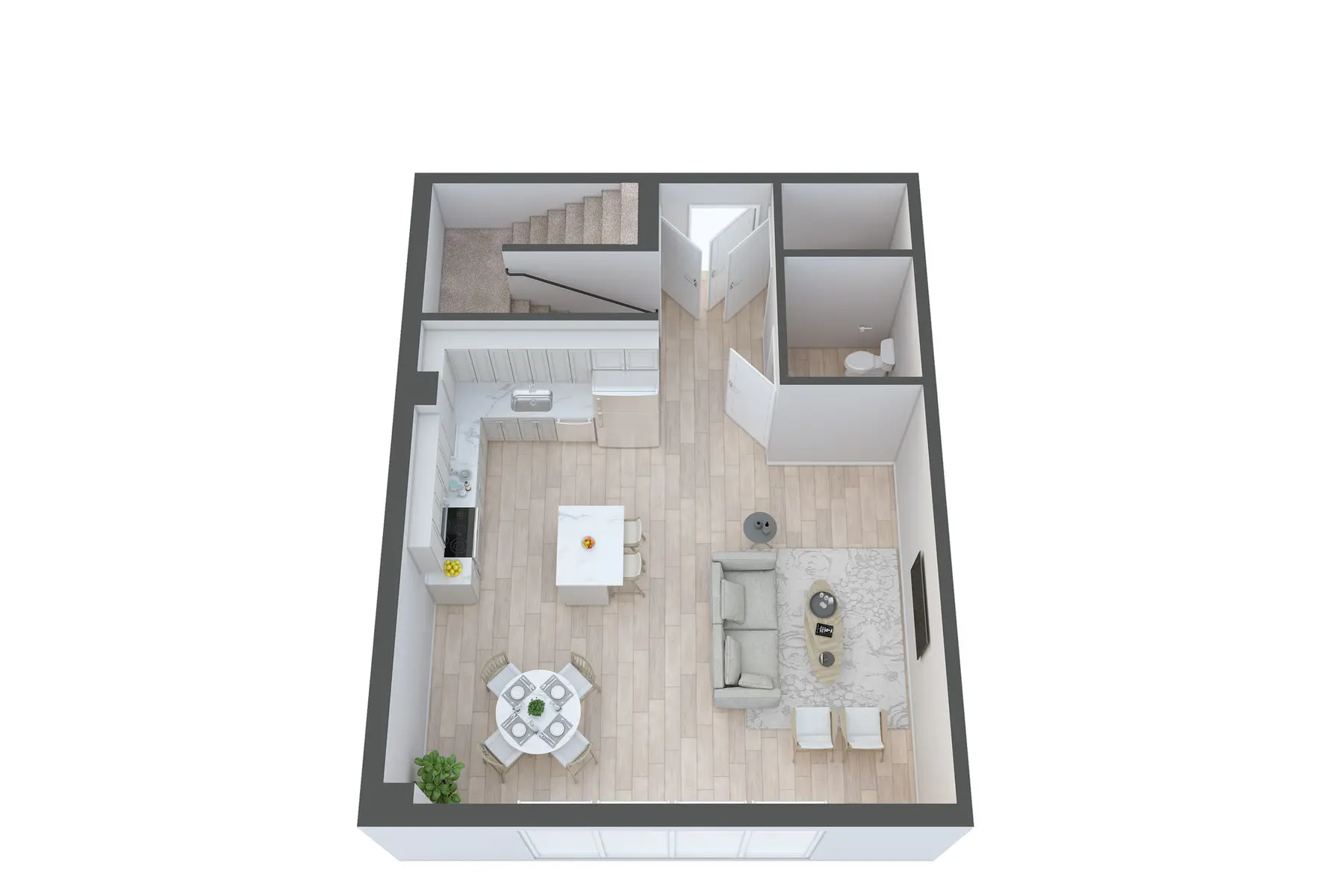 Modern Apartment Floor Plan A 3D layout of a modern apartment with an open living area, dining table, kitchen, and stairs leading to an upper level.