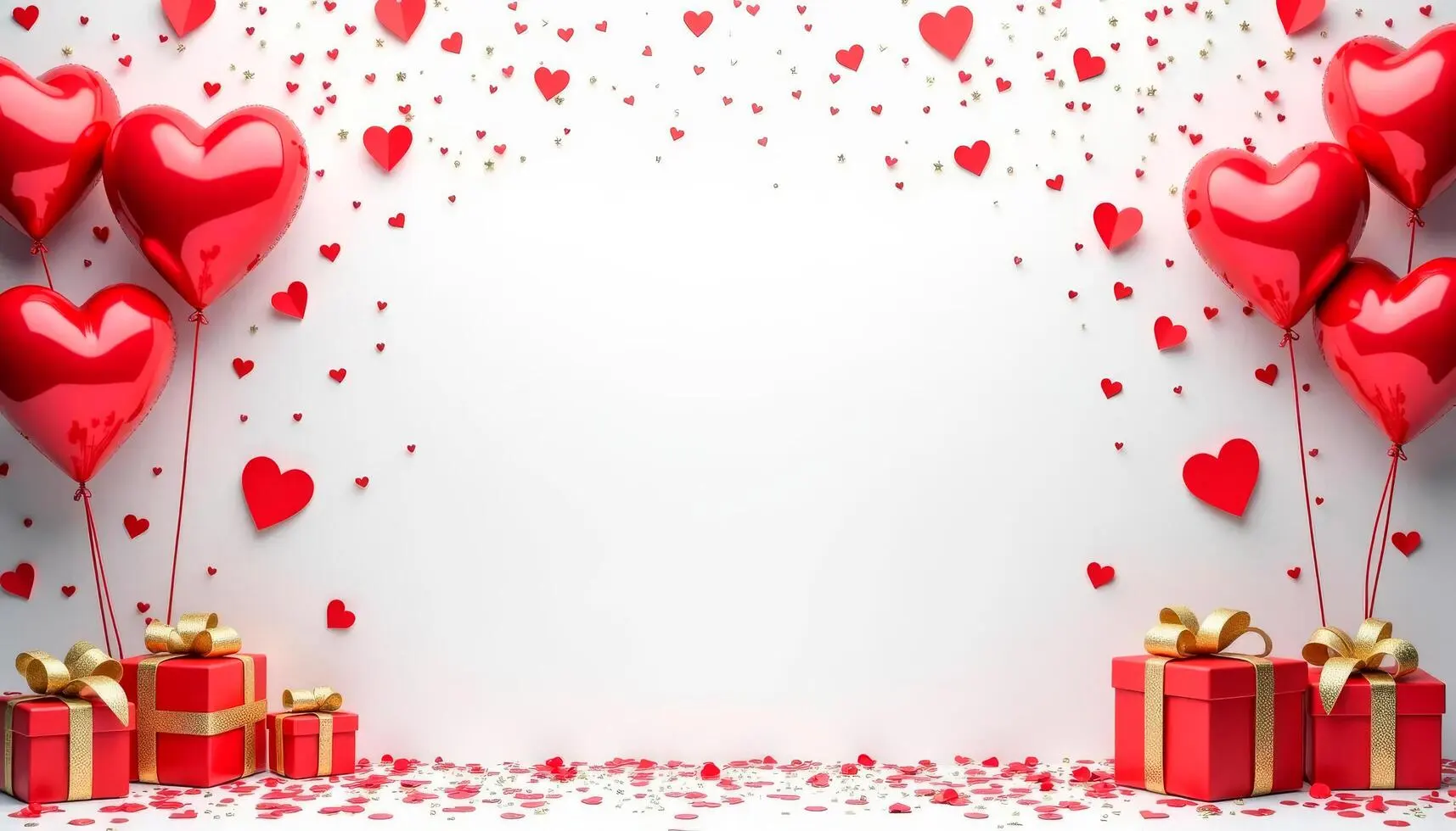 A festive background featuring red heart-shaped balloons, sprinkled with small red hearts, and two red gift boxes adorned with gold ribbons at the bottom.