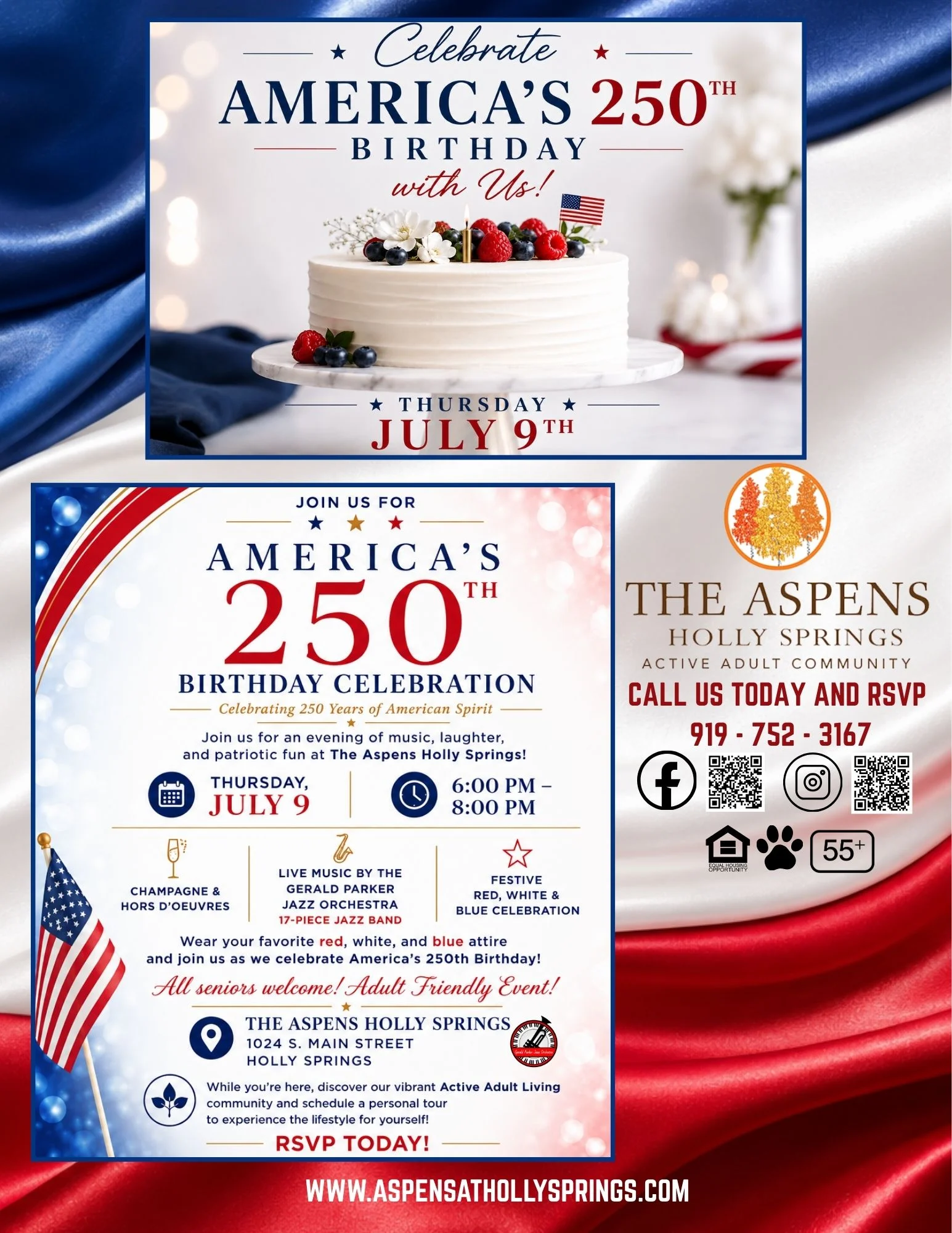 A promotional flyer for America's 250th birthday celebration featuring a cake, patriotic colors, and event details.