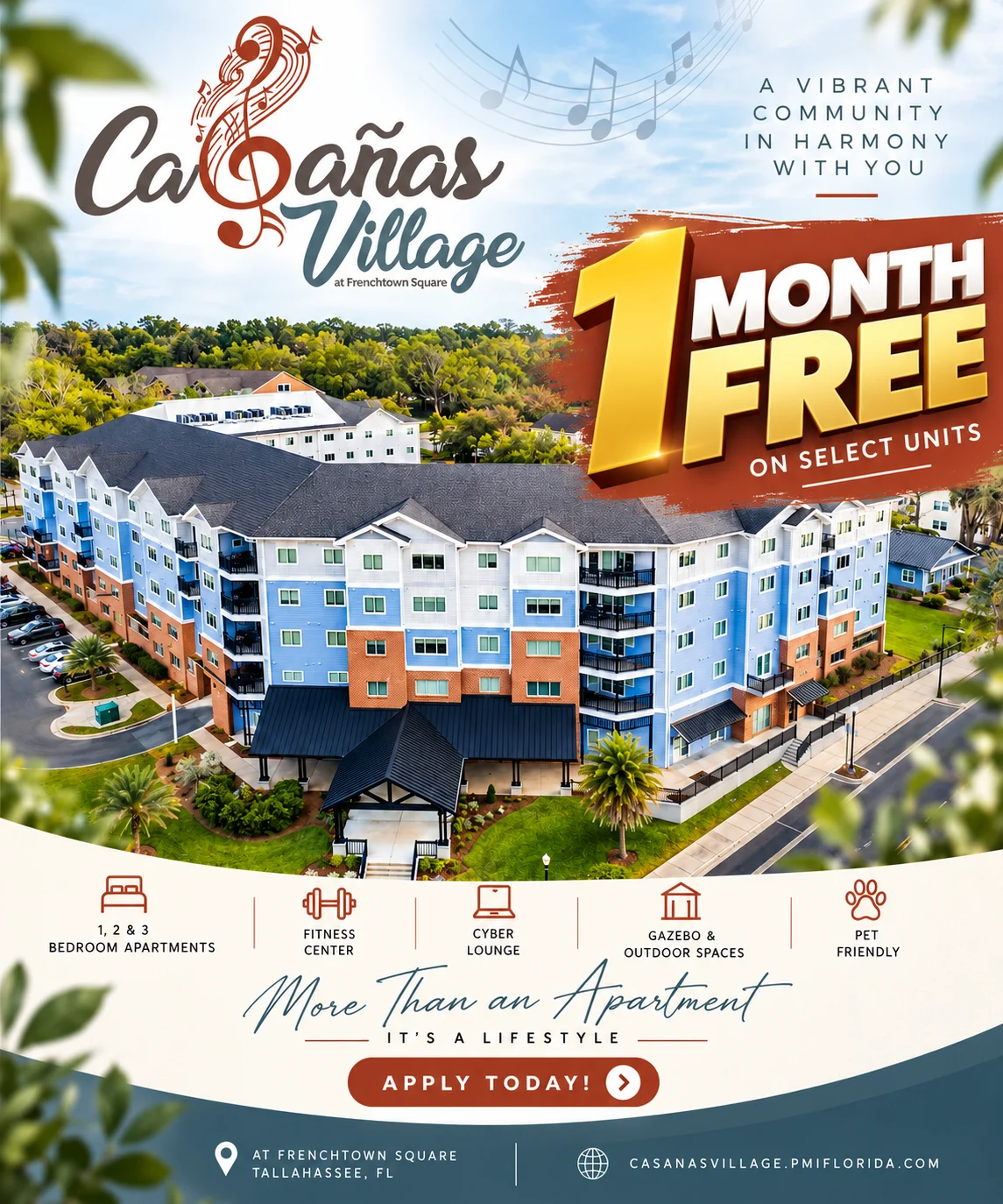 Promotional image for Cañanas Village apartment community featuring the building, outdoor spaces, and amenities available.