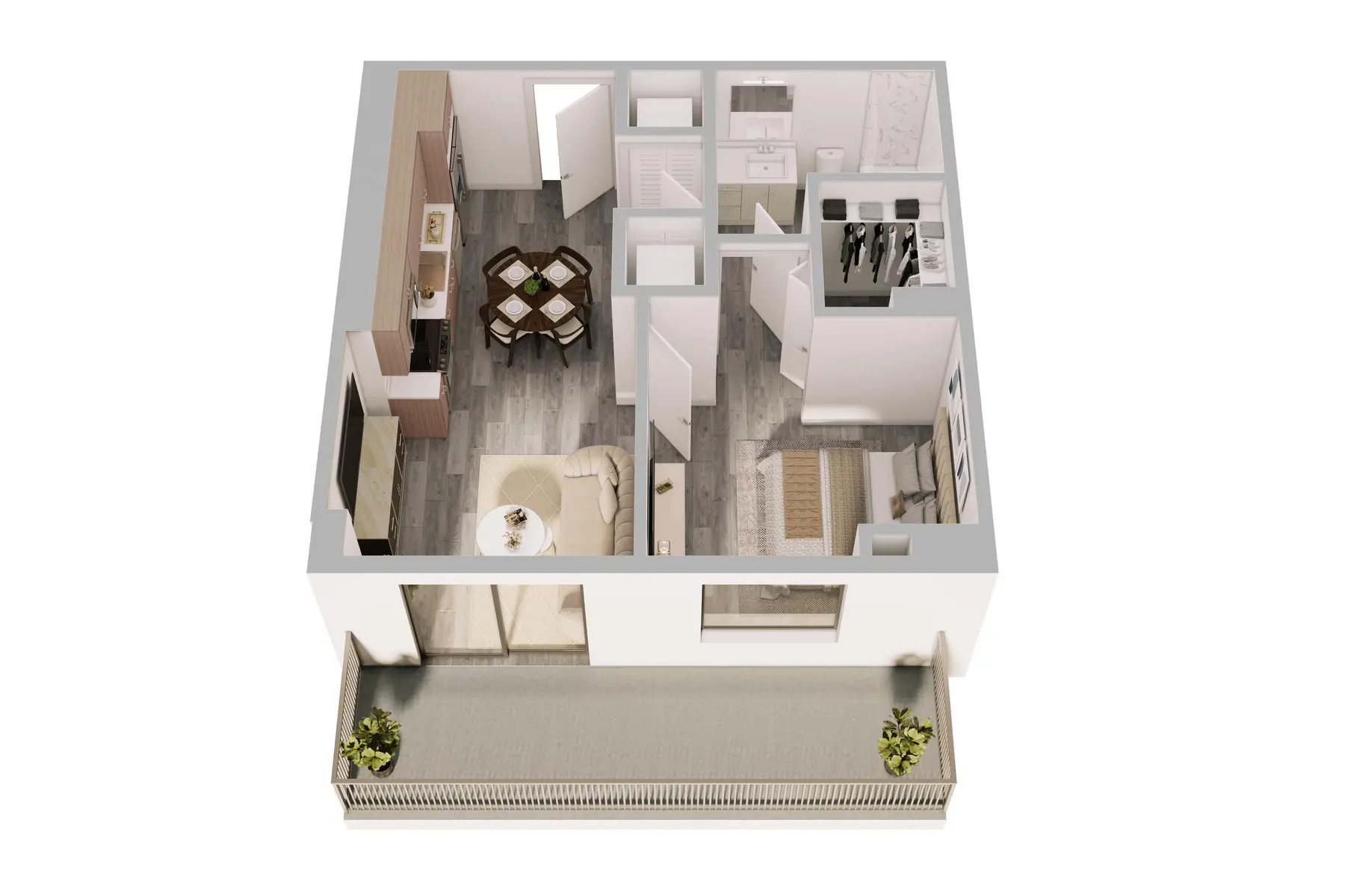3D illustration of an interior floor plan showing a living room, dining area, kitchen, bedrooms, and balcony space.