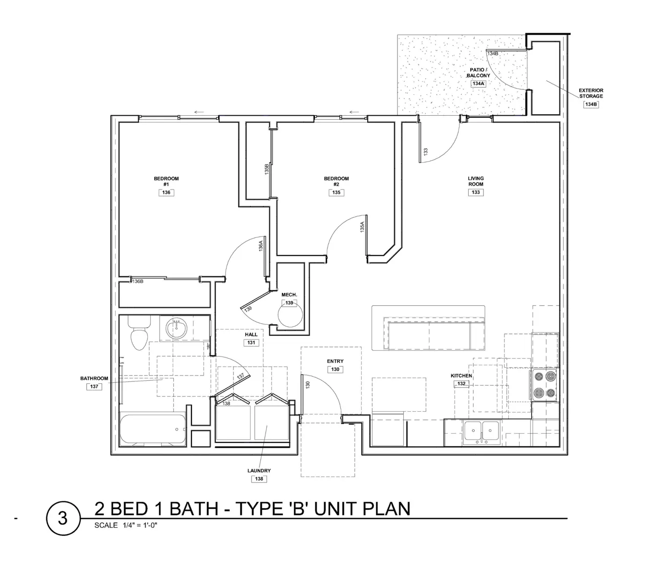 Blueprint of a 2 bed, 1 bath unit plan labeled Type B, detailing room dimensions and layout.