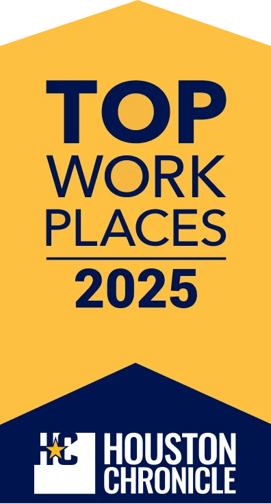A banner displaying 'Top Work Places 2025' with a logo for Houston Chronicle.