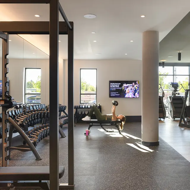 Interior view of a modern gym featuring weightlifting equipment and cardio machines, with large windows allowing natural light.