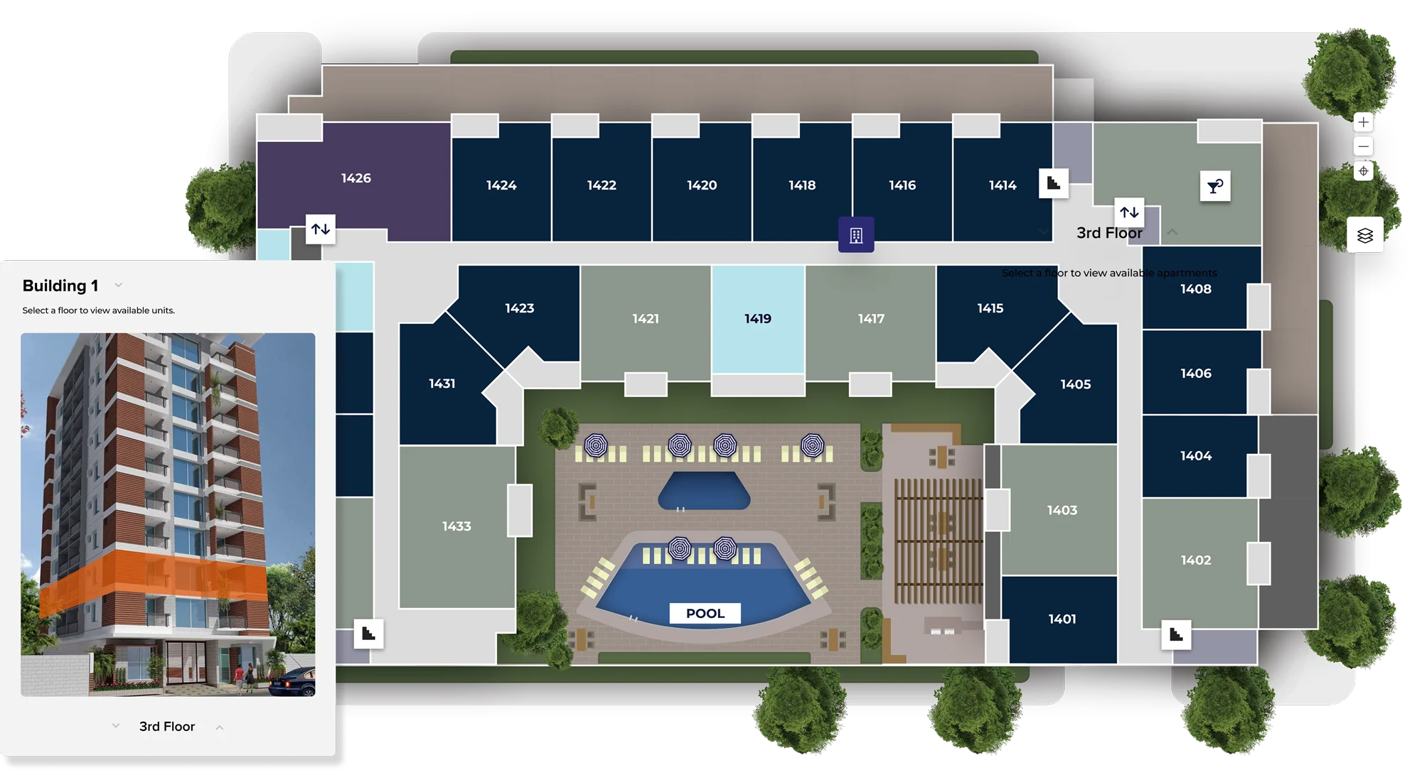 Building 1 - Third Floor Layout A floor plan of Building 1 showcasing the third floor layout. The central area features a pool surrounded by lounge chairs and a deck. Surrounding the pool are various rooms numbered 1401 to 1418. A visual of the building exterior with an orange accent is included in the corner.