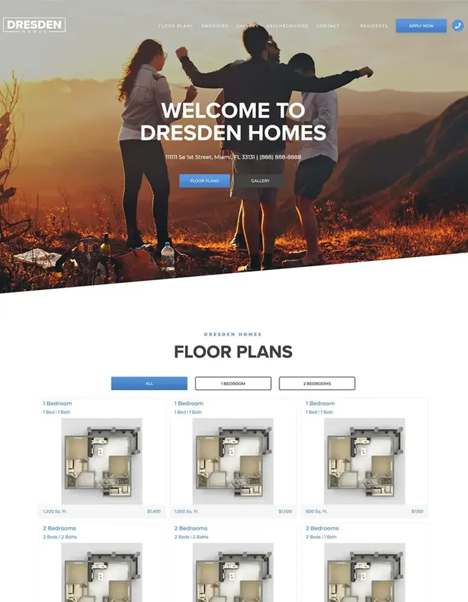 Homepage of Dresden Homes featuring a welcoming message and floor plans for apartments.