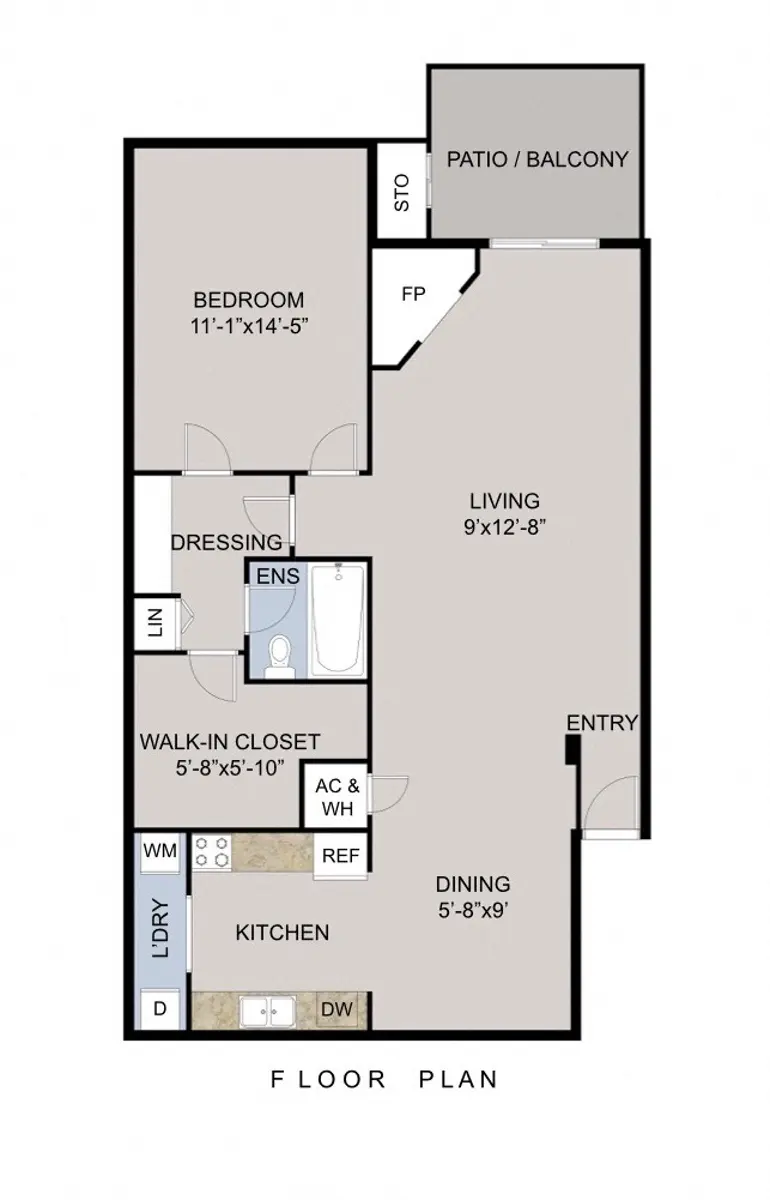 A floor plan featuring a bedroom, living area, kitchen, dining space, dressing area, walk-in closet, and patio.