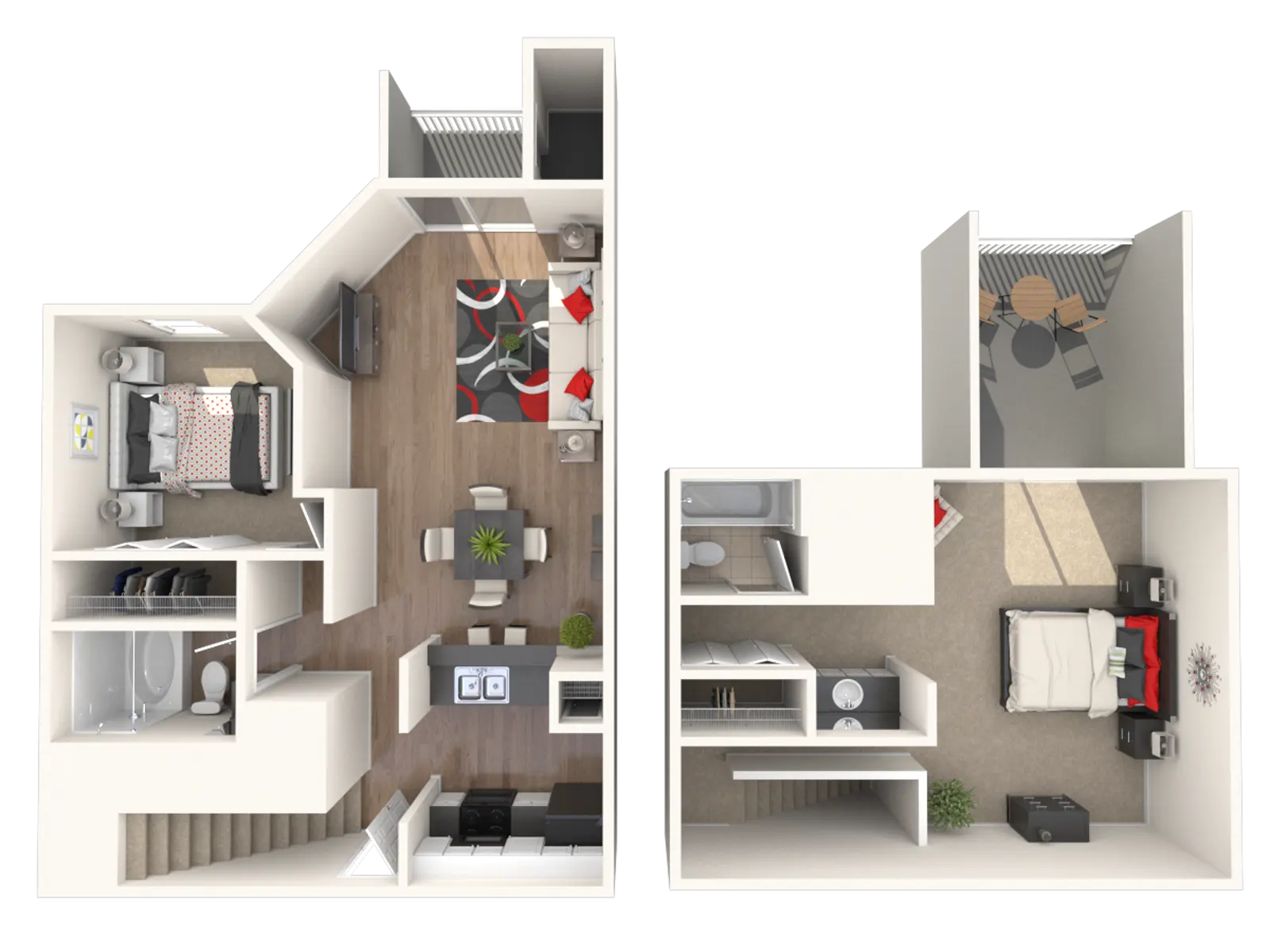 Two-story floor plan showing living area, kitchen, bedrooms, and bathrooms, with separate spaces for dining and lounging.