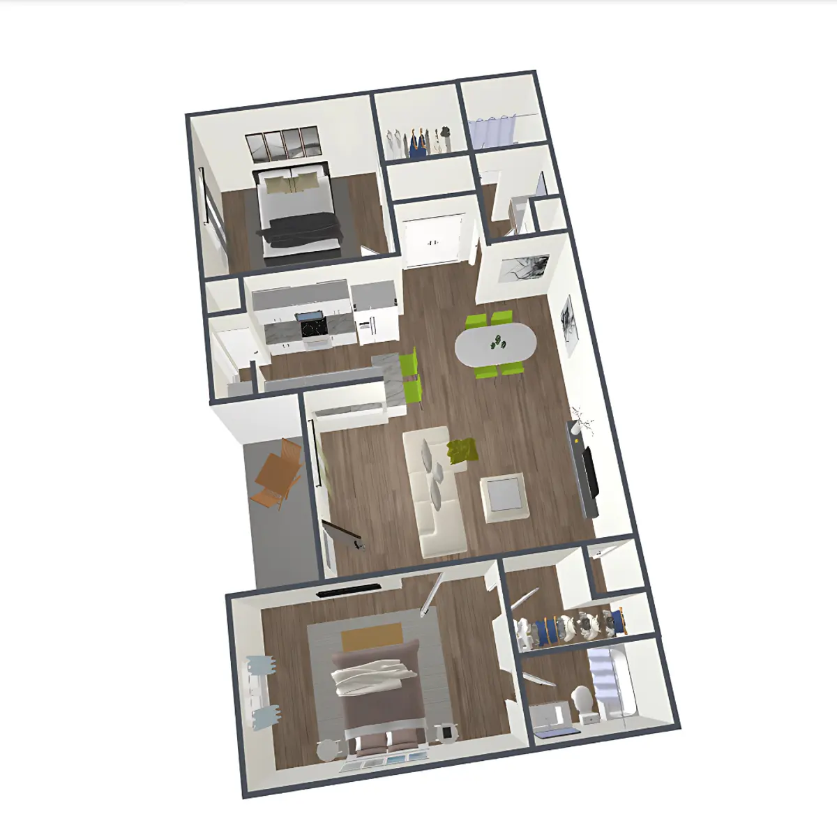 3D layout of an apartment featuring a living room, dining area, kitchen, and multiple bedrooms.