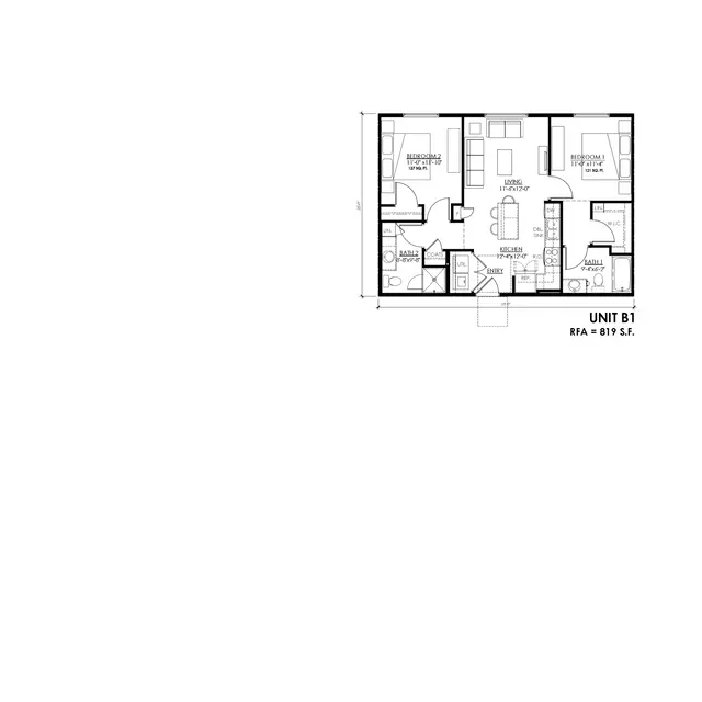 Unit B1 Floor Plan A floor plan of Unit B1, featuring labeled rooms including living room, dining area, kitchen, bathrooms, and two bedrooms.