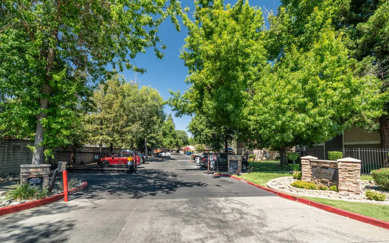 A tree-lined street leading into an apartment complex with parking spaces along the sides.