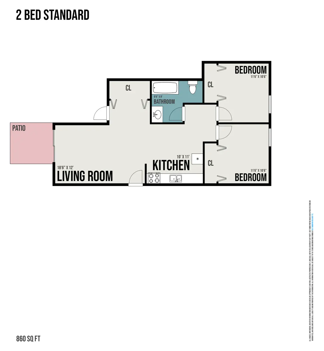Two-Bedroom Apartment Floor Plan A floor plan layout of a two-bedroom apartment, showcasing two bedrooms, a living room, kitchen, bathroom, and a patio.