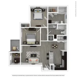 2 bedrooms; 2 bathrooms